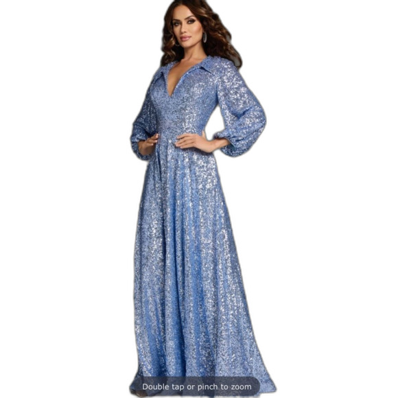 Jovani sparkling blue Embellished Long Sleeve sheath Dress 25950 ladies size 16 - Picture 2 of 16